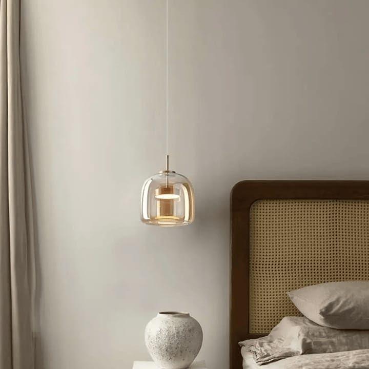 LED Gold Finish Amber Glass Bedside Pendant/Hanging Light Ceiling Lamp Lighting Fixture - Tricolour Light (White, Warm White, Natural White)