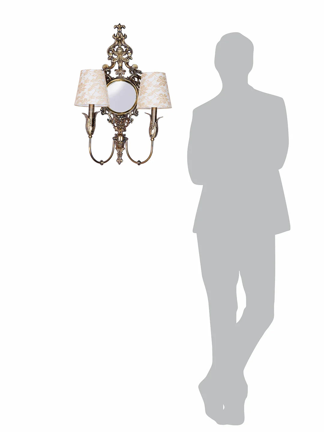 Opulent Antique Brass Wall Lamp with Mirror and Lace Shades