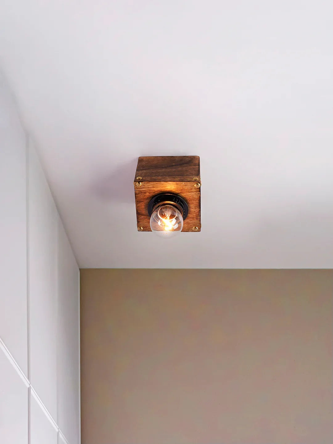 Wooden Flush Mount Ceiling Light | Natural Wood Ceiling Lamp with E27 Holder & Brass Studs
