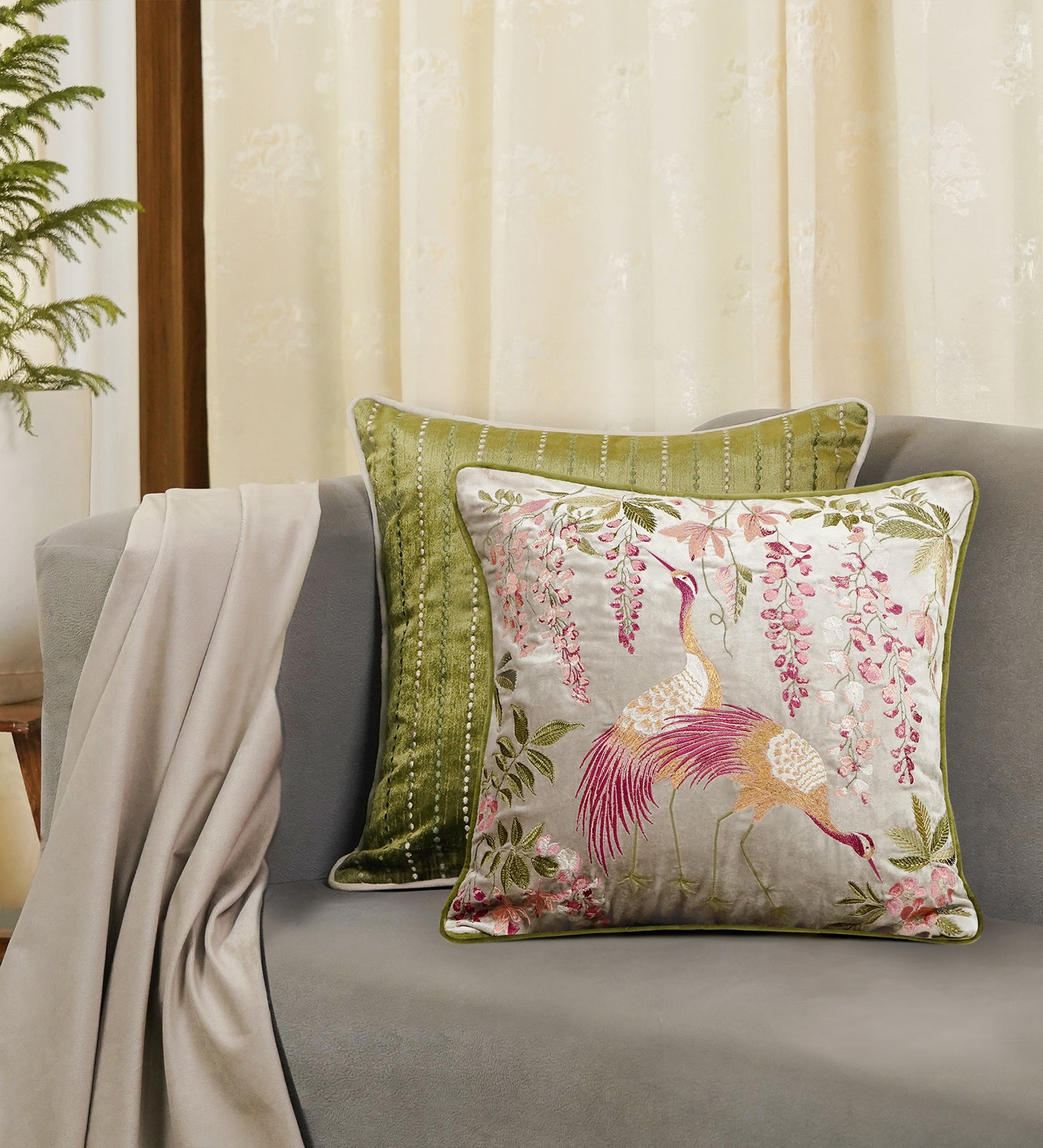 Pushp Vihang Embroidered Velvet Cushion - Silver Colour, 18 x 18