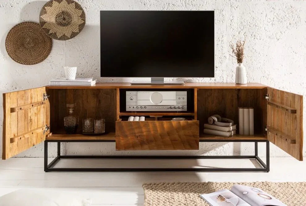Wave TV Unit with 2 Doors | Solid Mango Wood TV Cabinet for Living Room