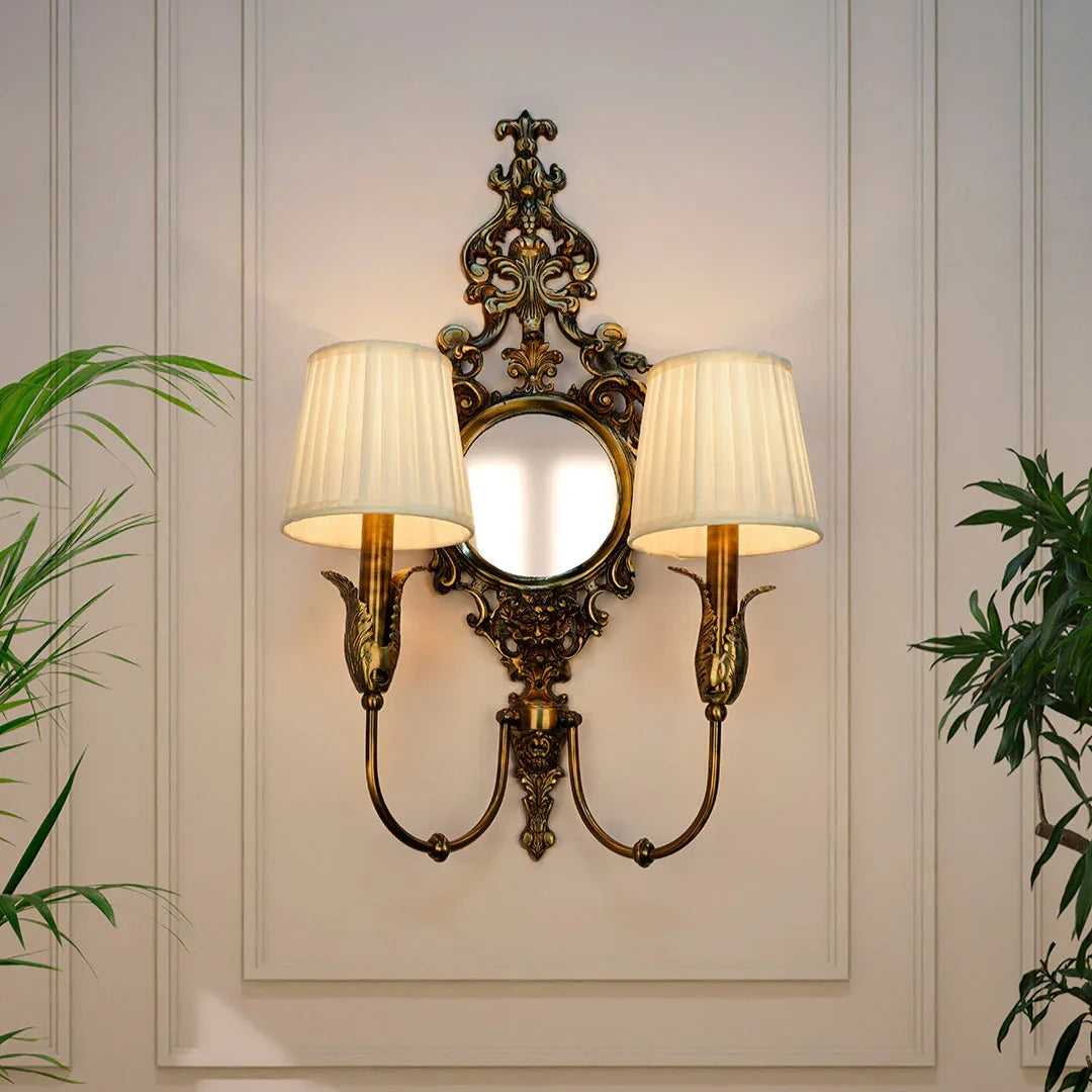 Vintage Elegance Meets Luxury - Antique Brass Wall Lamp with Mirror and Pleated Chiffon Shades