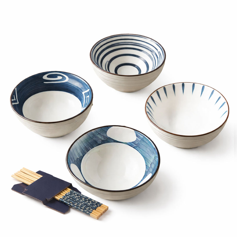 250ml Ceramic Bowl Set of 4 with 8 Chopsticks | 11.3 cm Snack & Rice Bowls | Microwave & Dishwasher Safe | BPA & Lead-Free | Ideal for Dal, Fruits, Salad & Serving