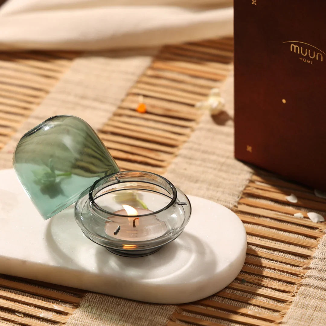 Muun Dome Tealight Holder | Borosilicate Glass Candle Holder Set in Amber & Teal Color - Set of 2