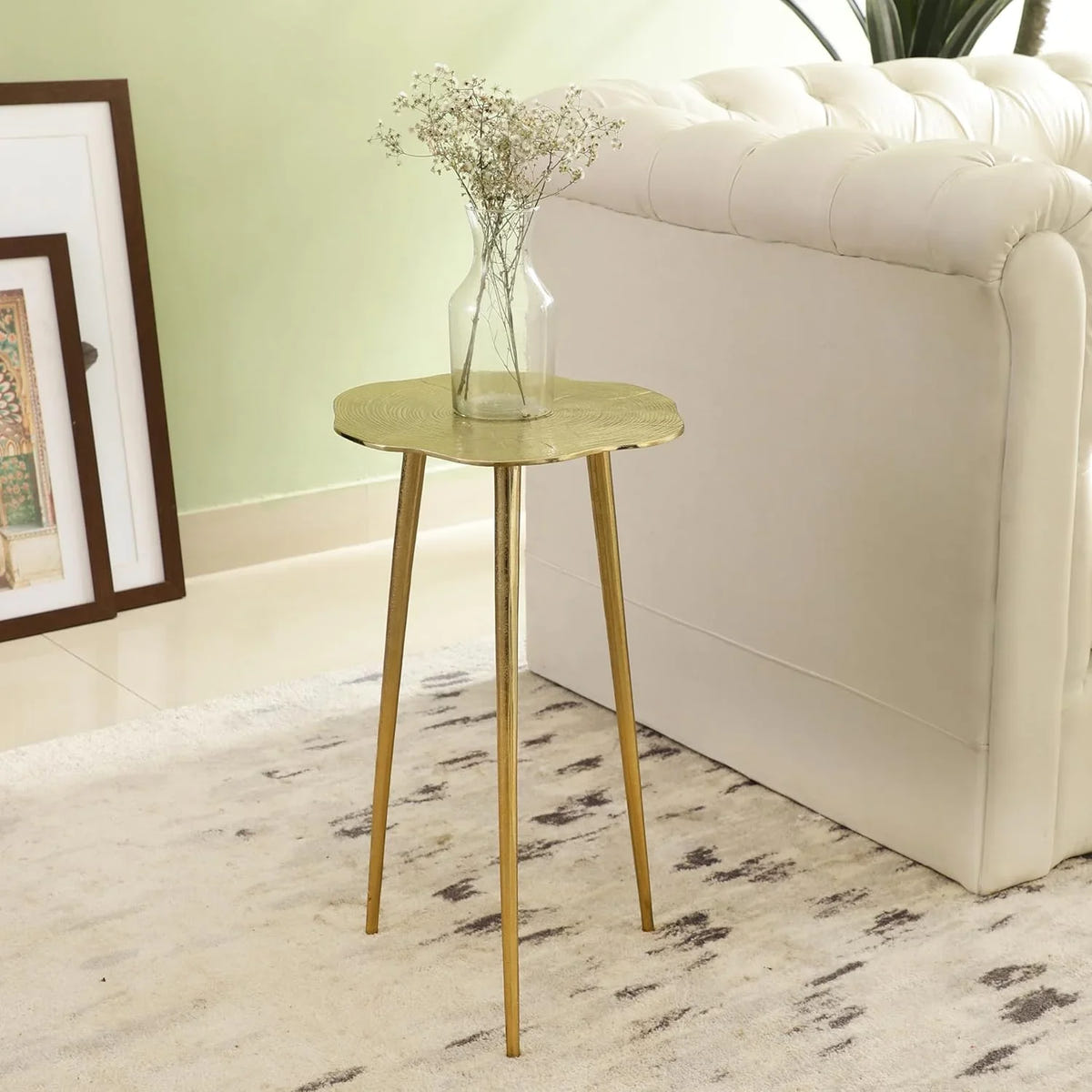 Gold Aluminium Side Table | Rustic Tree Log Accent Table for Living Room, Bedroom & Luxury Interiors