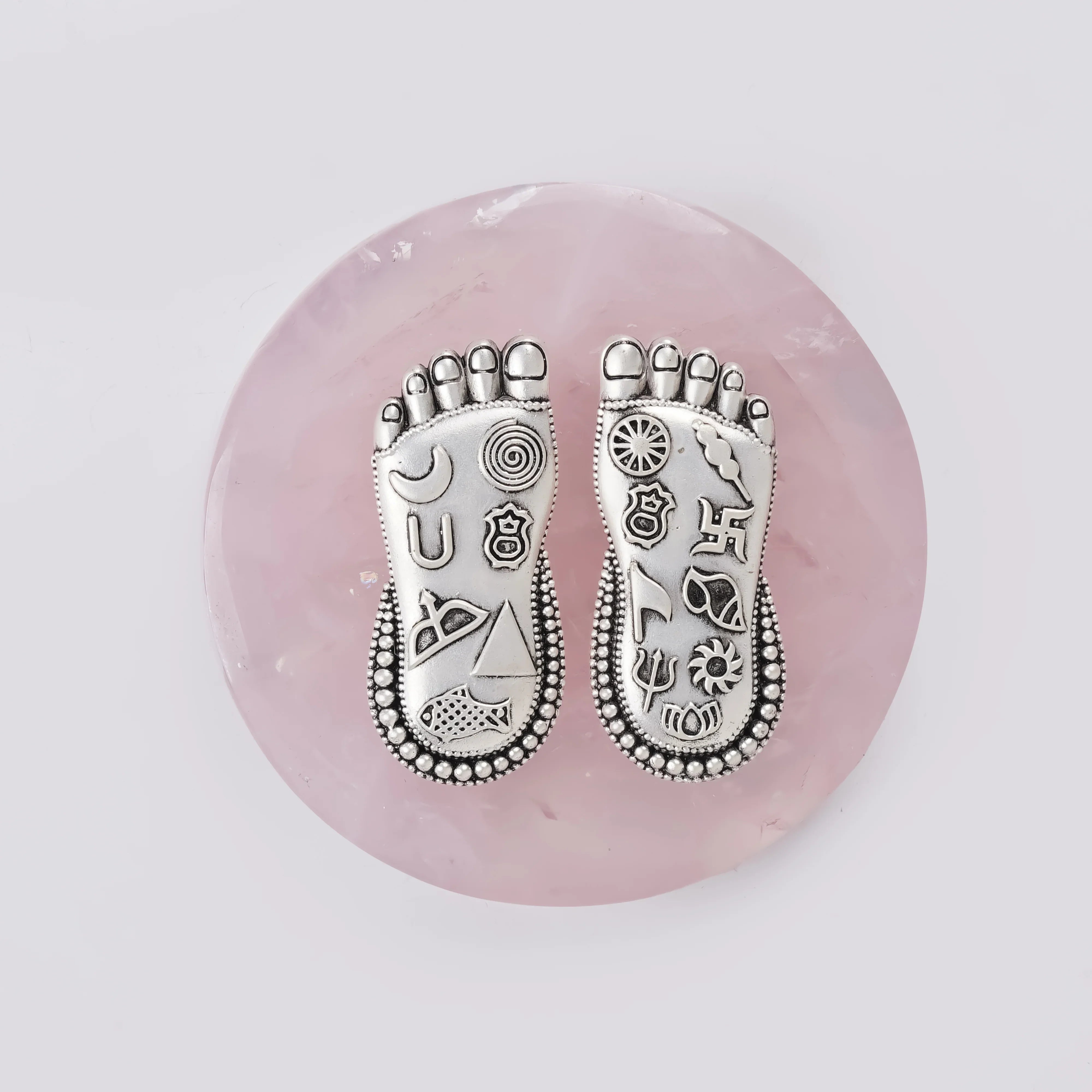 Silver Plated Brass Lakshmi Charan | Sacred Goddess Feet With Ashtamangala Symbols On Rose Quartz