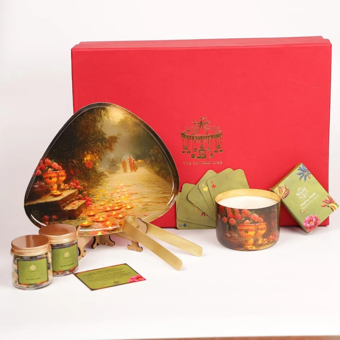 Luxury Diwali Gift Box with Brass Finish Platter, Soy Wax Candle, Dry Fruits, Mukhwas, Brass Tong & Designer Playing Cards