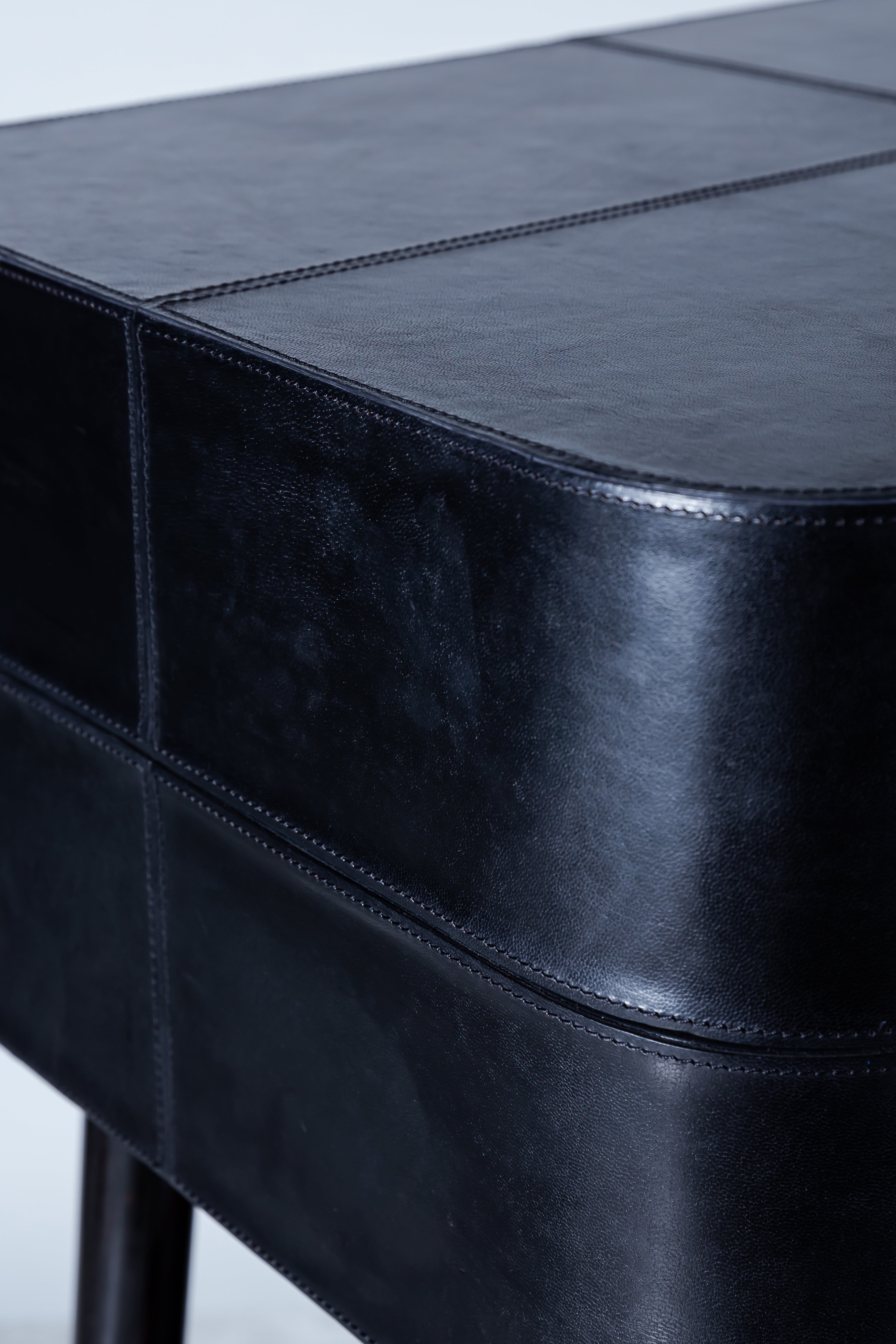 Ambry Console Table | Natural Black Leather With Brass Antq Feet | Wood & Leather