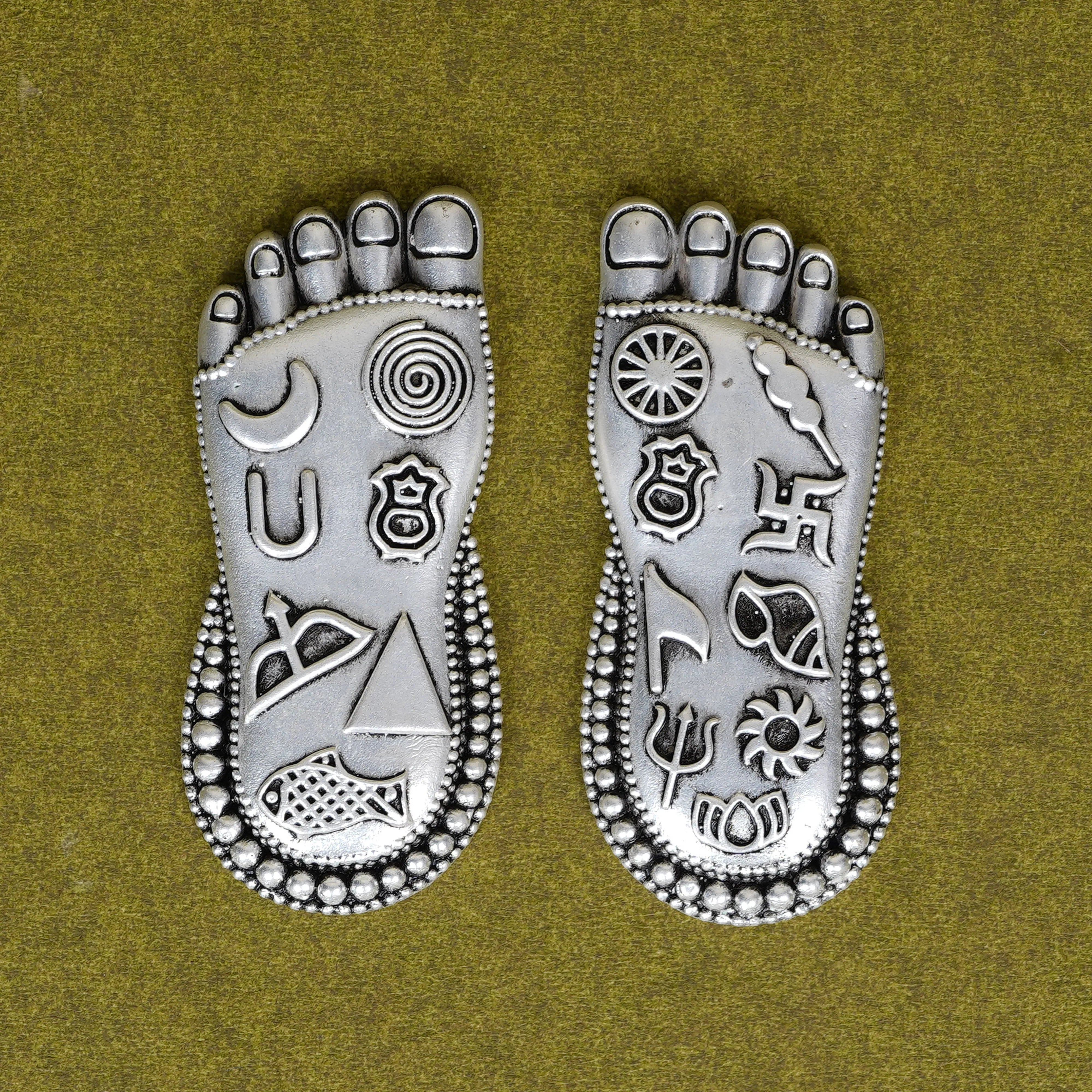 Silver Plated Brass Lakshmi Charan | Sacred Goddess Feet With Ashtamangala Symbols On Wooden Plank