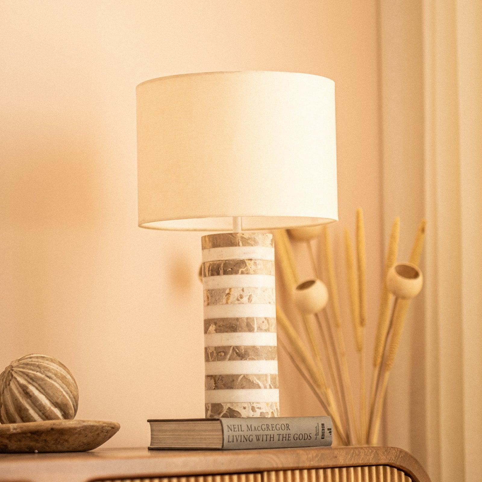 Marbella cyclinder Table Lamp | Marble, mild steel and cotton fabric shade