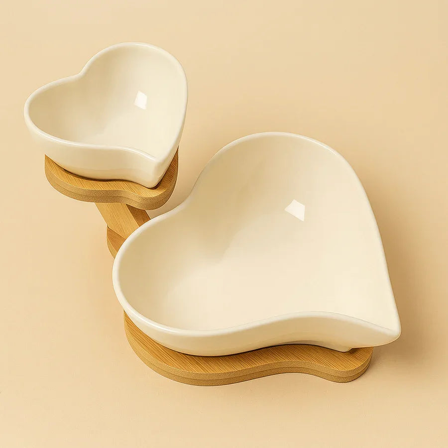 Heart Shaped Ceramic Bowl Set with Wooden Stand | Snack & Dip Server | Chips, Salsa & Dry Fruit Tray