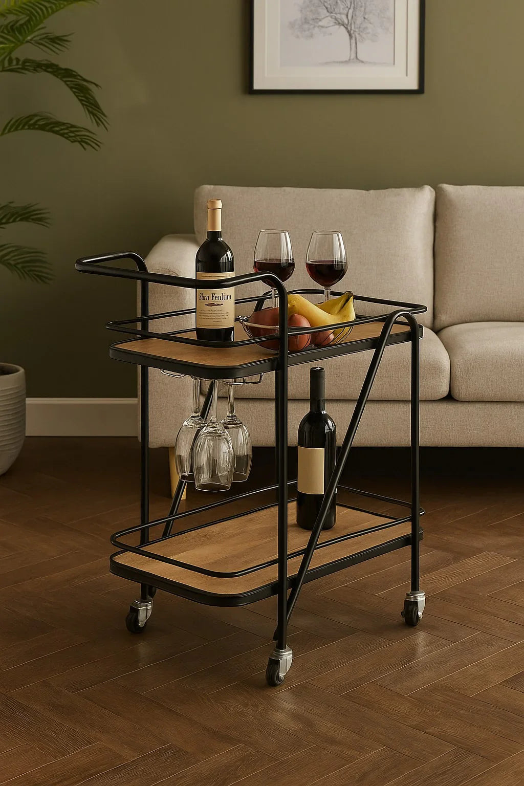 Modern Metal Bar Trolley with Wheels & Storage | Matt Black Serving Cart Trolley