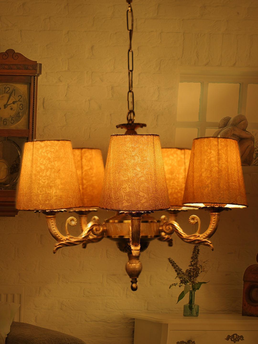 Golden Aluminum & Fabric White 5 Light Living Room Chandelier