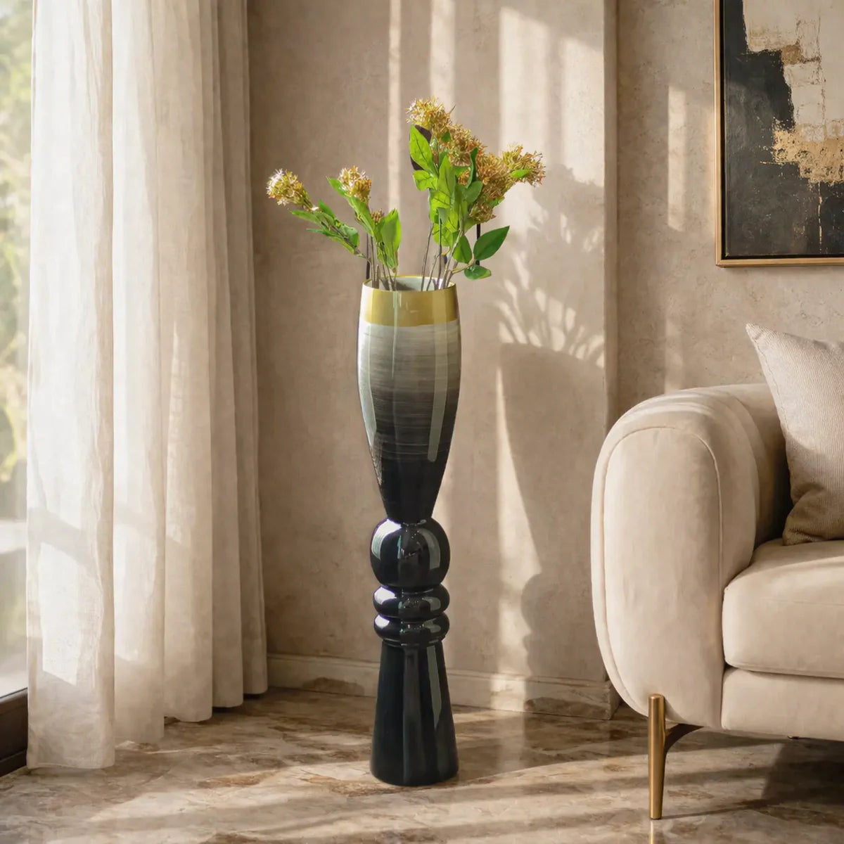 Trumphet Brushed Slate Tall Floor Vase | Premium Decorative Flower Vase for Modern Home Décor