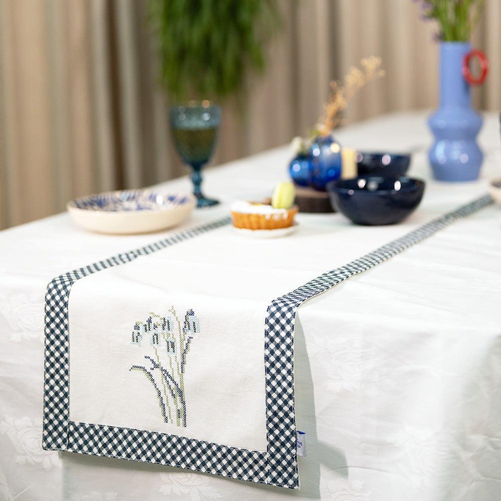 Handmade Tulip Tapestry Dining Table Runner | Embroidered Cotton Cross-Stitch Runner with Printed Border