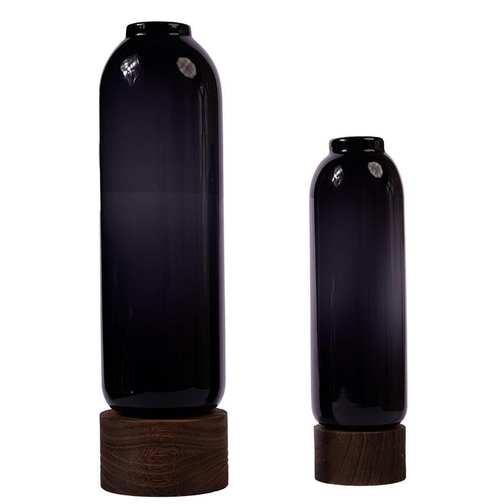 Saint Premium Flower Vase with Wooden Base | Elegant Black Glass Vase for Modern & Classic Décor