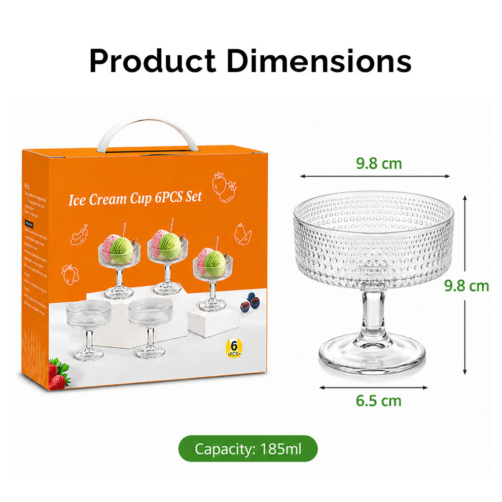 Glass Ice Cream Cups Set of 6 (185ml Each) | Premium Textured Dessert Bowls for Sundae, Pudding & Sweets | Food-Safe, Durable & Scratch-Resistant | Elegant Transparent Stem Design
