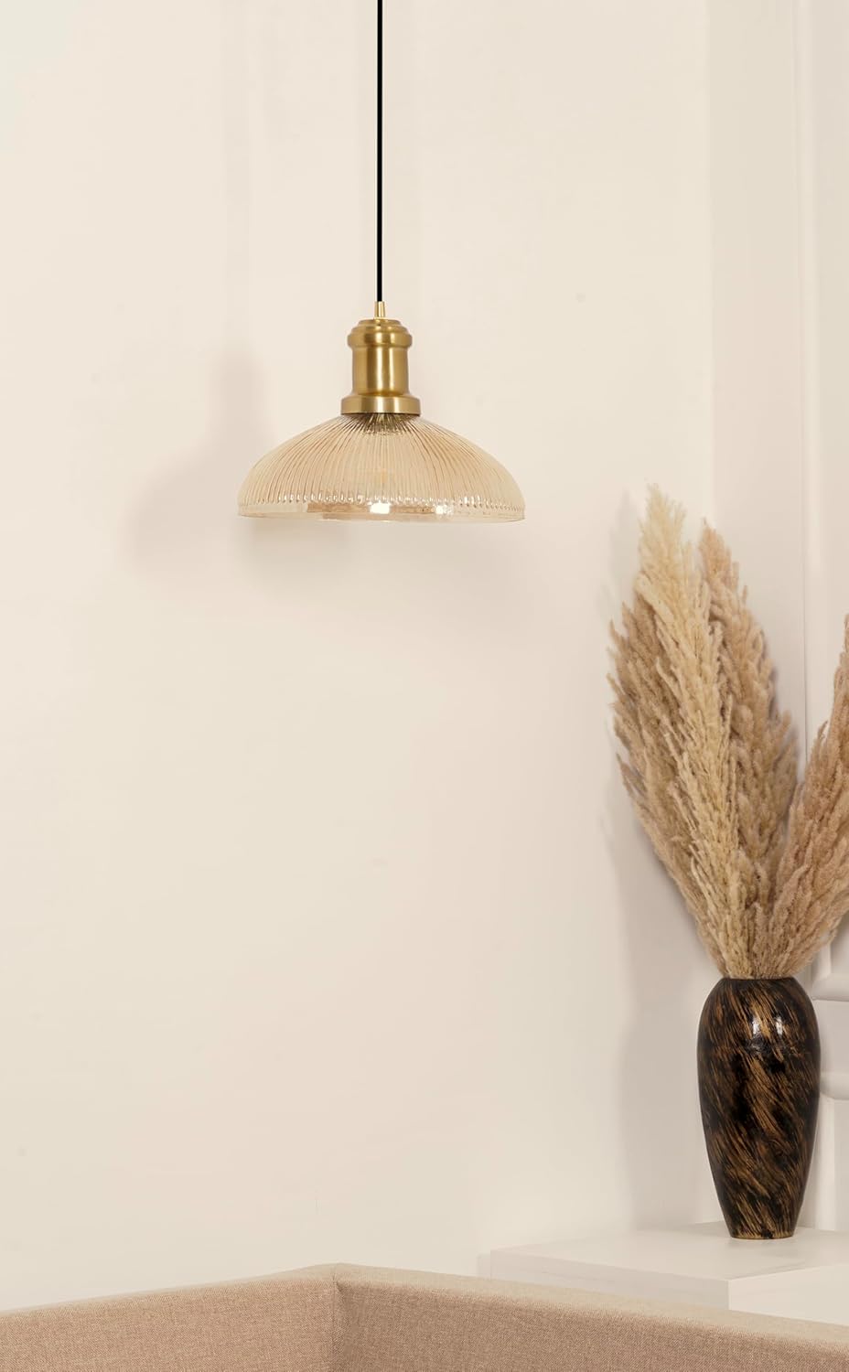 Ribbed Grey Luster Glass Pendant Light with Antique Brass Finish for Living Room, Bedroom, Kitchen and Dining