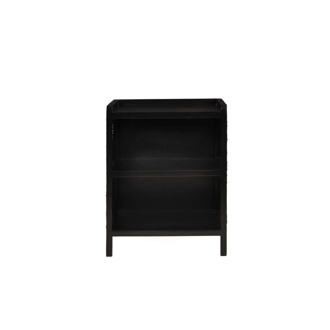 Twilight Black Cane Side Table | Teak Wood Bedside Table Nightstand with Storage & Double Shelf