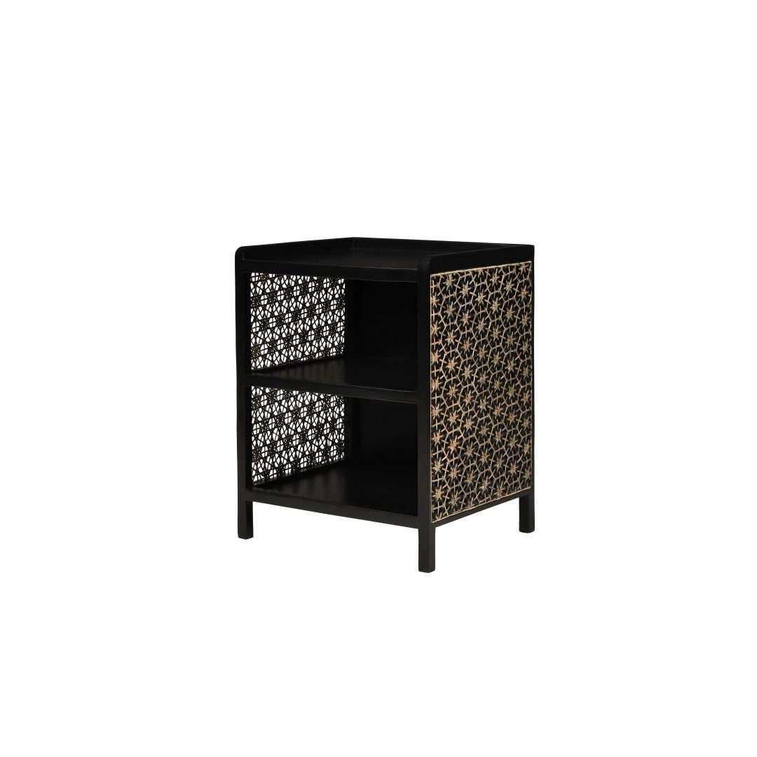 Twilight Black Cane Side Table | Teak Wood Bedside Table Nightstand with Storage & Double Shelf