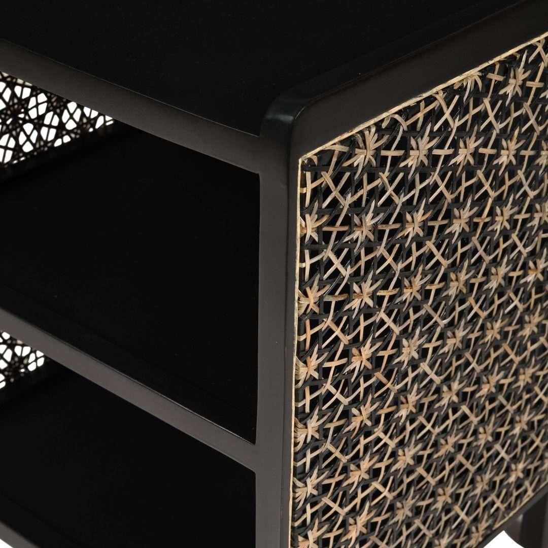 Twilight Black Cane Side Table | Teak Wood Bedside Table Nightstand with Storage & Double Shelf