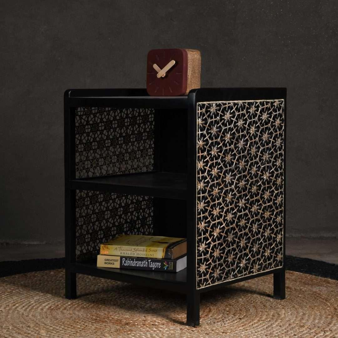 Twilight Black Cane Side Table | Teak Wood Bedside Table Nightstand with Storage & Double Shelf