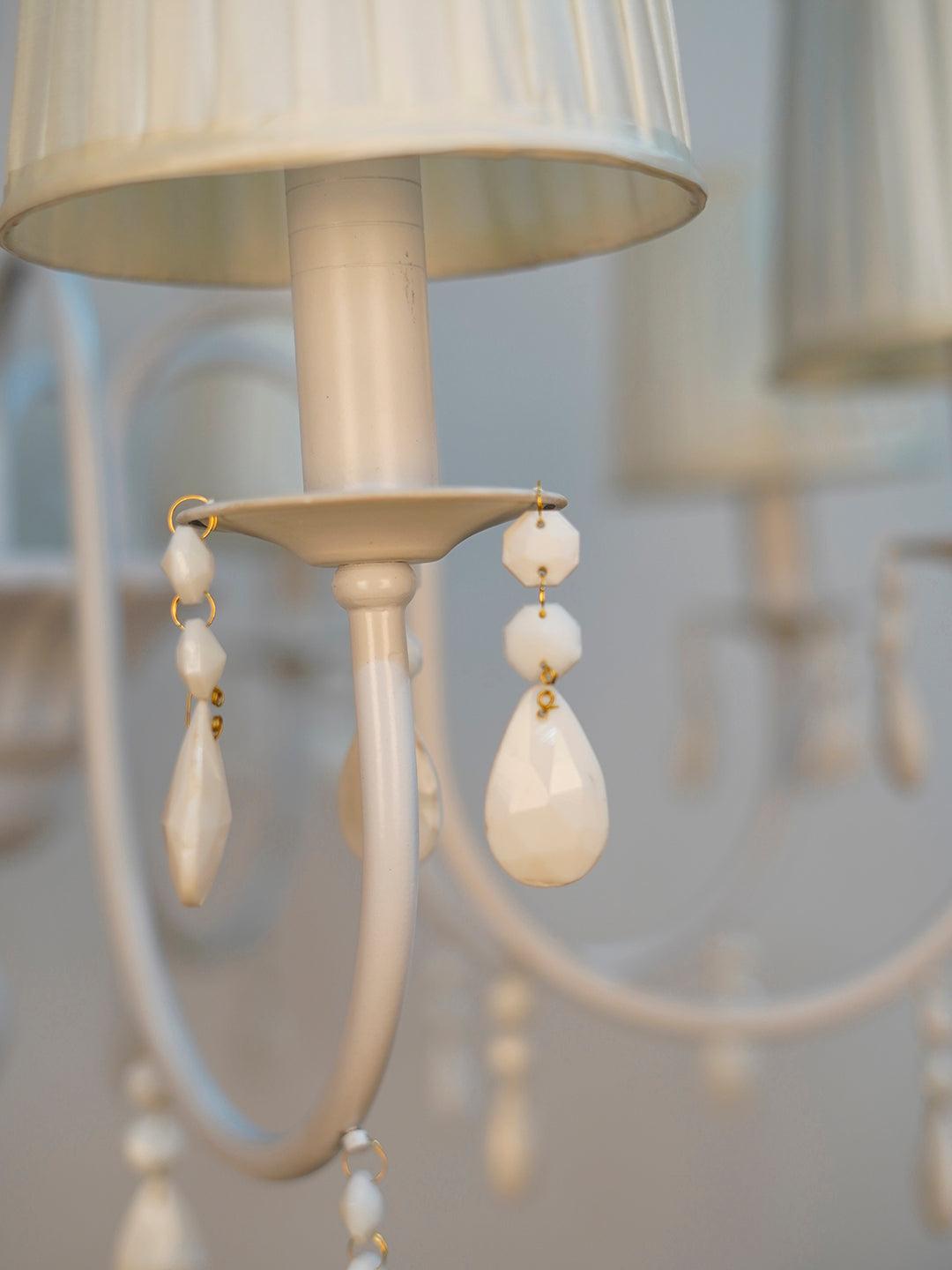 Crystal Elegance: White Chandelier with Pleated Shades - Neoclassical Meets Modern