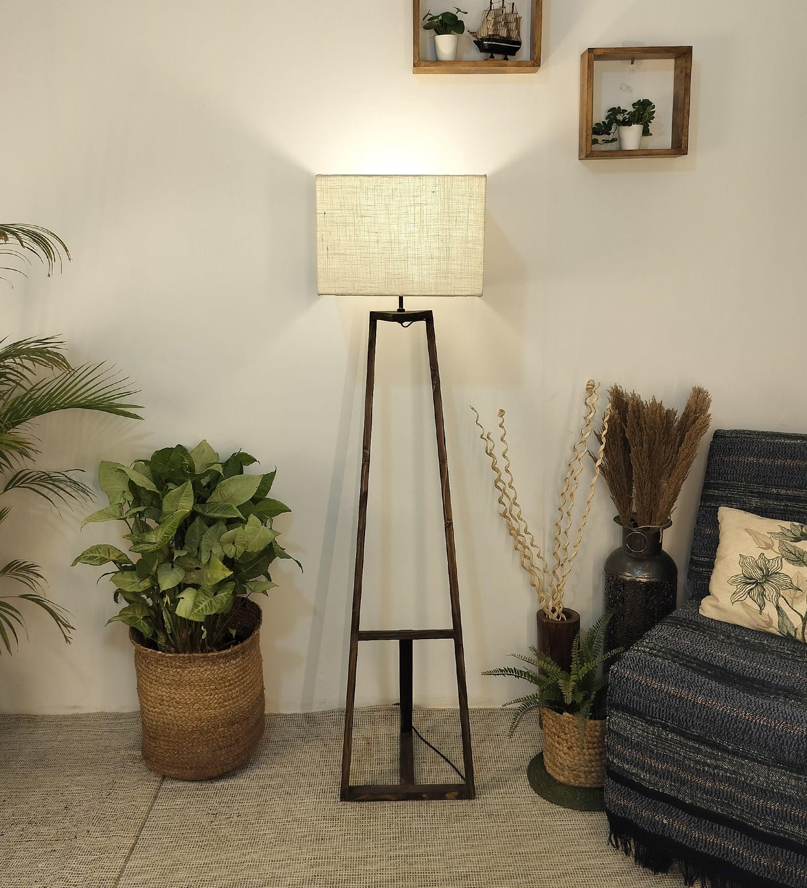 Angular Wooden Floor Lamp with Brown Base and Premium Beige Fabric Lampshade