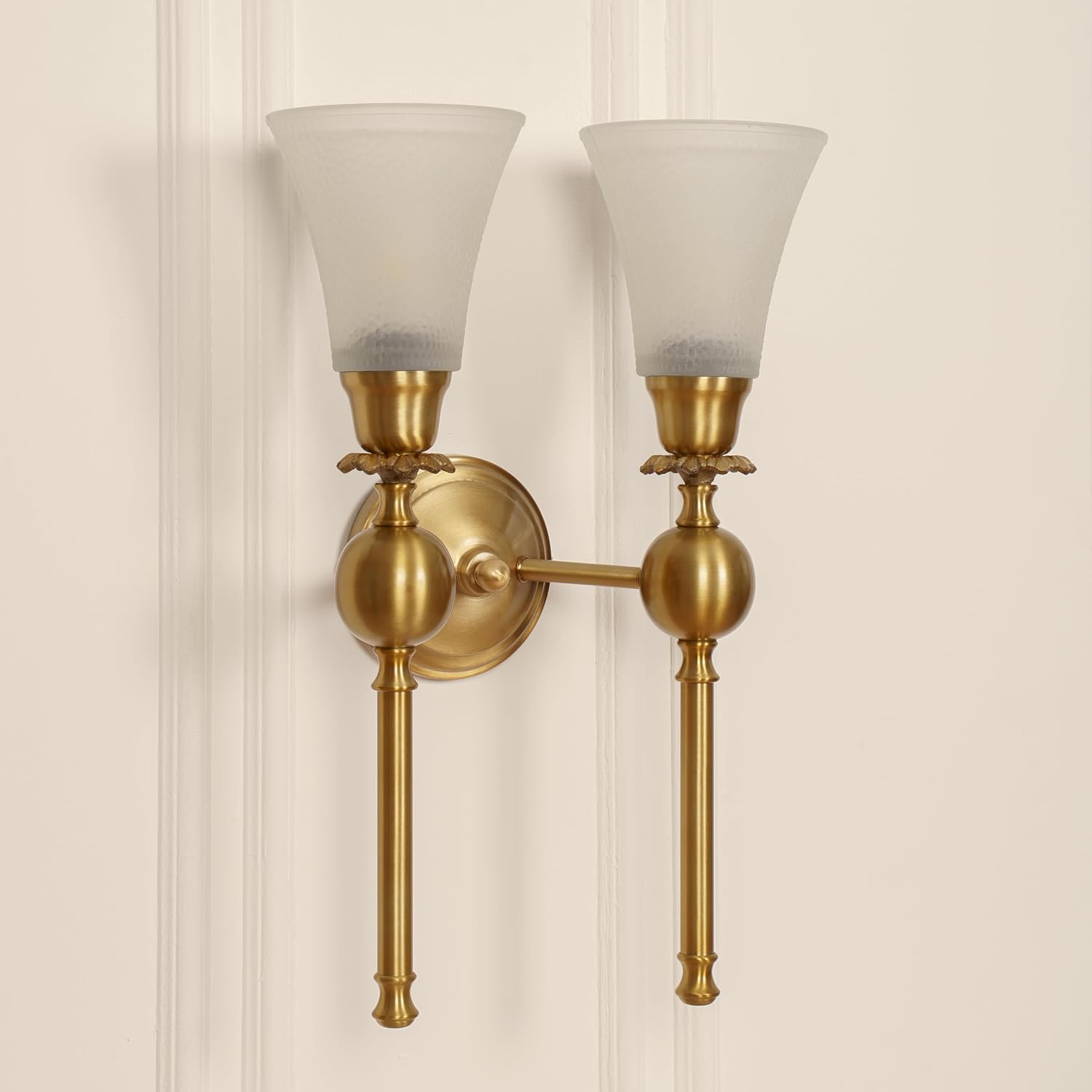 Double Ball Wall Lamp Antique Brass Finish with Frosted Hammered Glass Shade for Living Room, Bedroom and Home Decoration