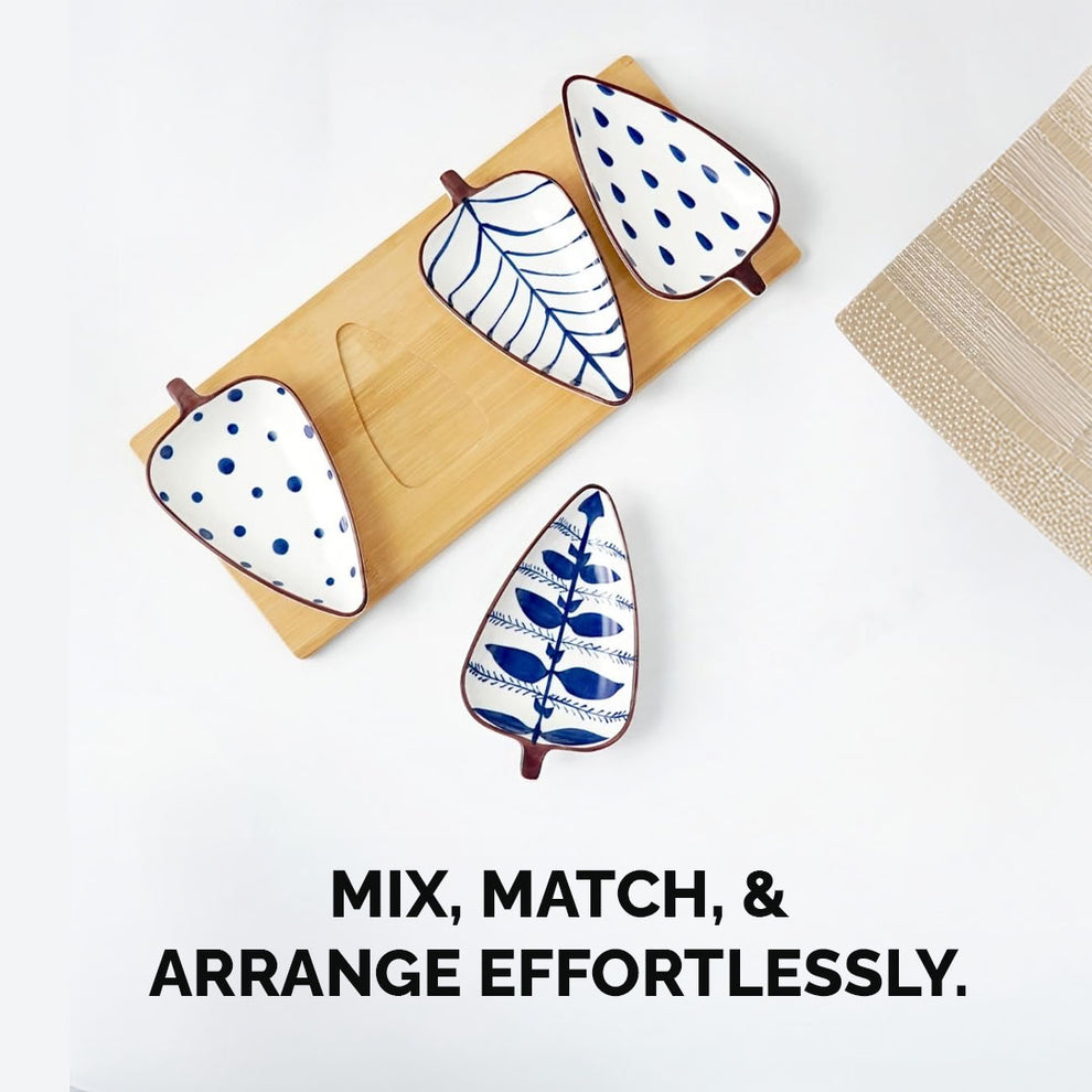 Leaf-Shaped Ceramic Serving Platter with Wooden Board | 4 Small Glossy Snack Tray | Perfect for Serving Sweets, Cookies, Dry Fruits, Mouth Freshener & Snacks (Blue & White)