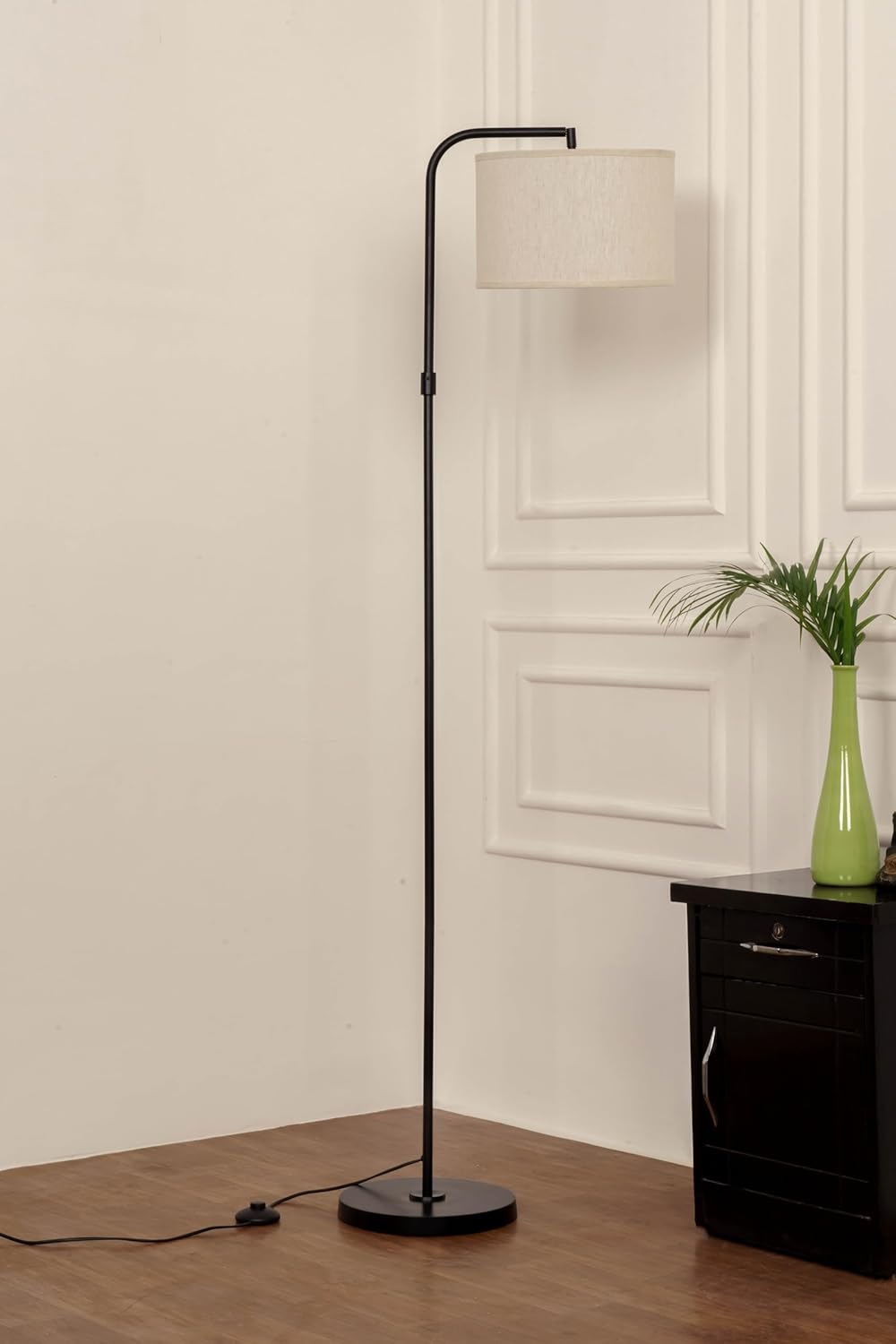 Black Polished Modern Arc Floor Lamp with Adjustable Shade 6Ft Height with 12 inches Off White Drum Lampshade Pack of 1 - Led Bulb Included