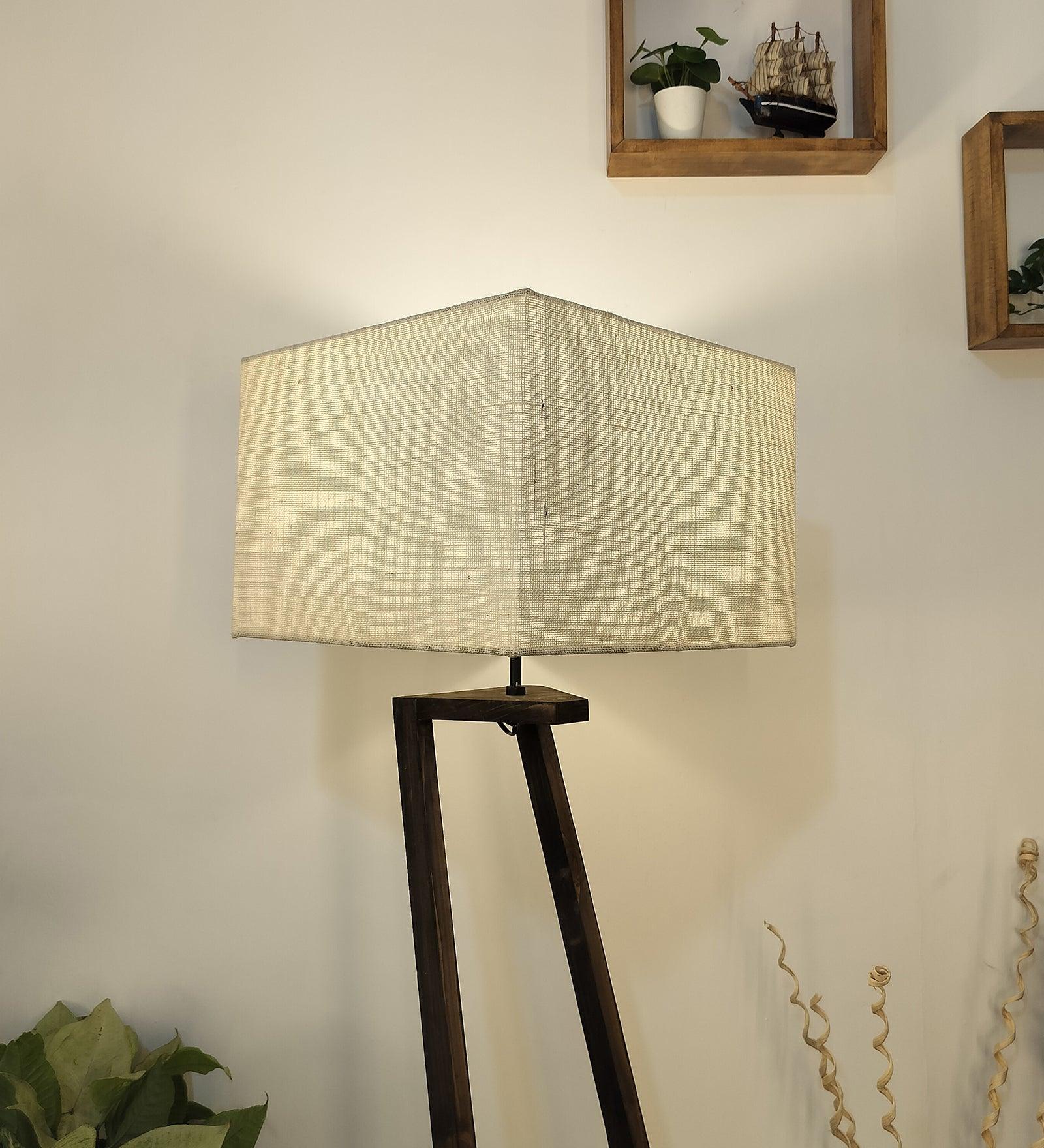 Angular Wooden Floor Lamp with Brown Base and Premium Beige Fabric Lampshade