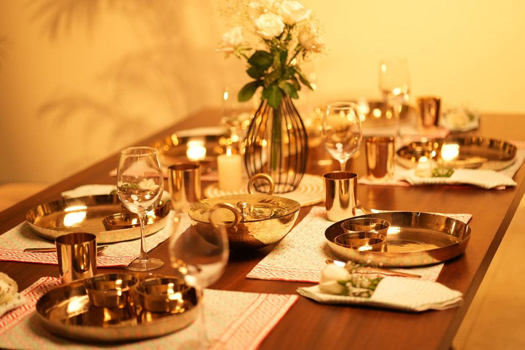 Kansa Dinner Thaali Set (Thaali -13.5") - 8 Pieces set (1 Pc Thaali, 5 Pieces Bowls, 1 Pc Glass, 1 Pc Spoon)