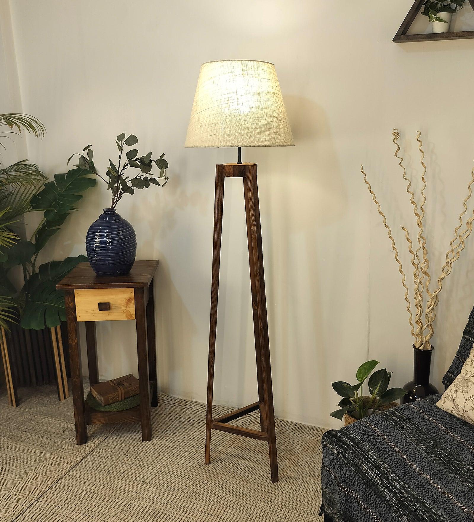 Adrienne Wooden Floor Lamp with Brown Base and Premium Beige Fabric Lampshade