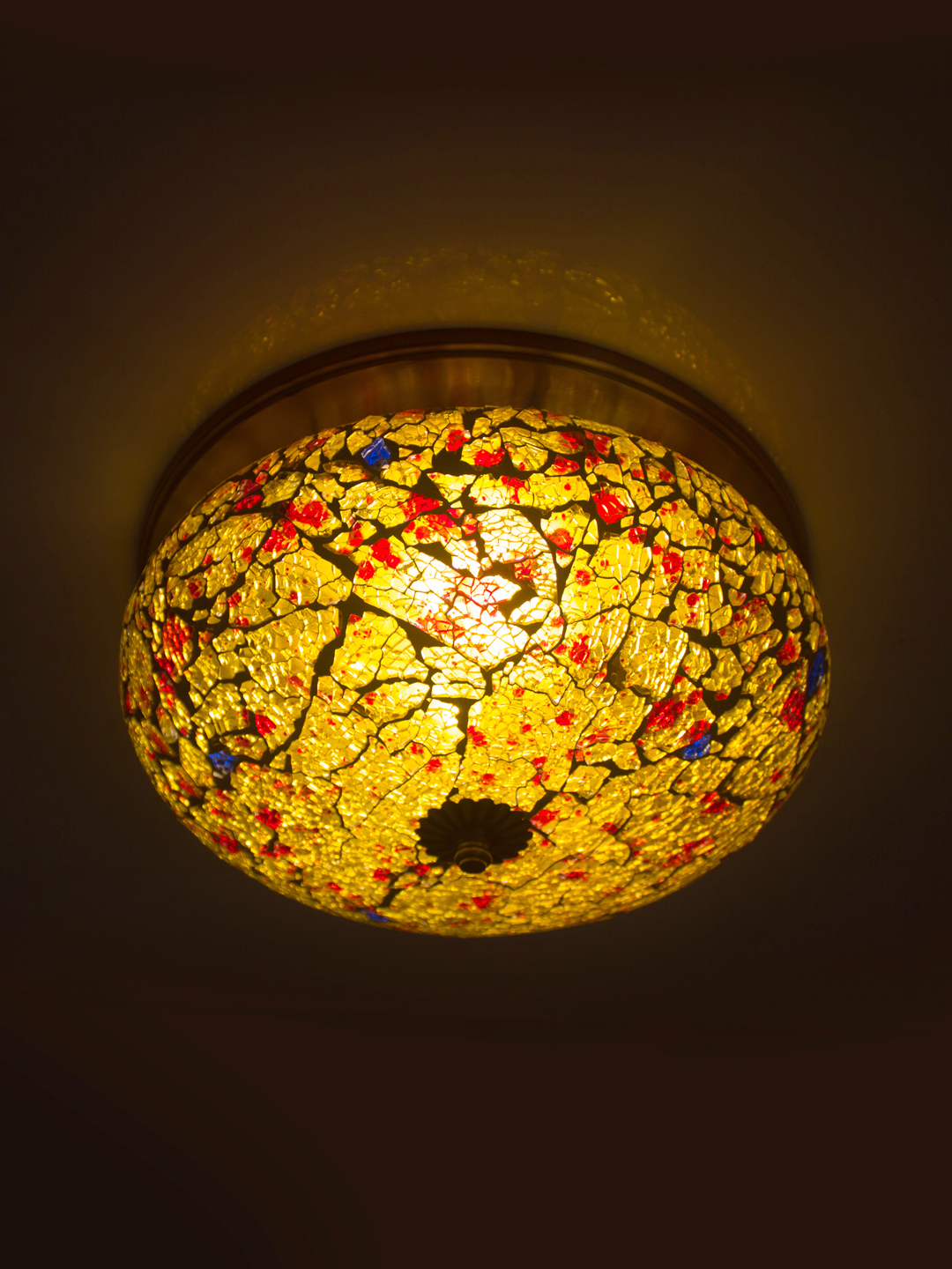 Fiery Mosaic Glass and Brass Flush Mount
  Ceiling Lamp
