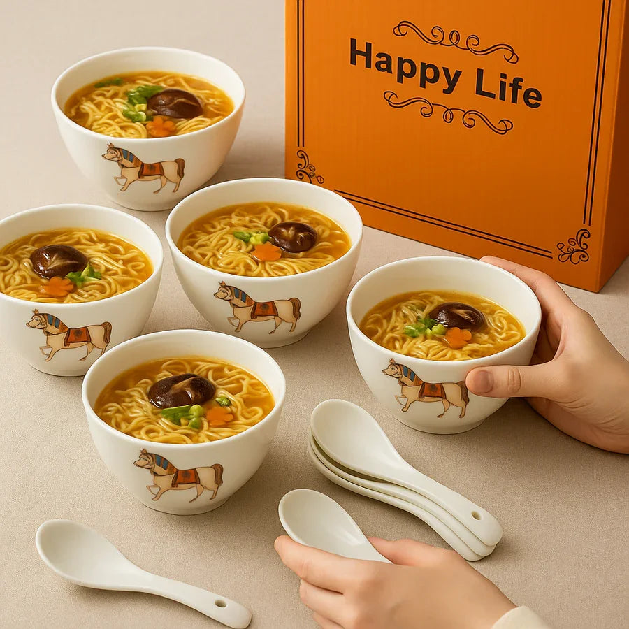 Ceramic Soup Bowl Set with Spoons | 4 Bowls & 4 Soup Spoons | Horse Print Design | Elegant Gift Box for Dining & Gifting