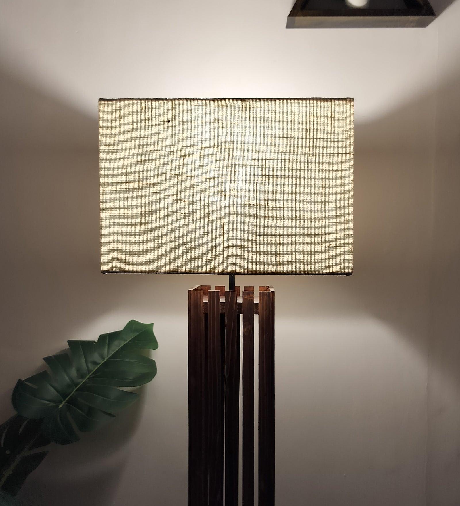 Elegant Wooden Floor Lamp with Brown Base and Beige Fabric Lampshade