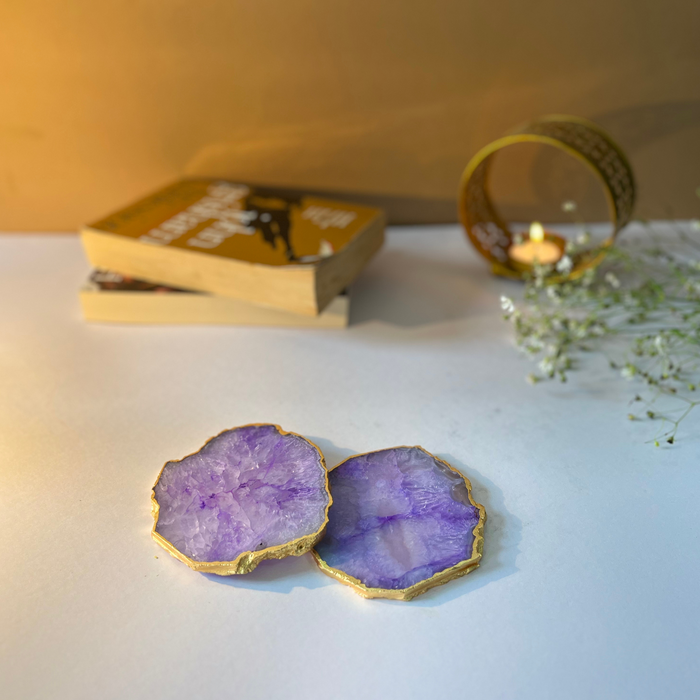 Crystal Agate Coaster with Gold Plating | Drink Coaster for Dining Table