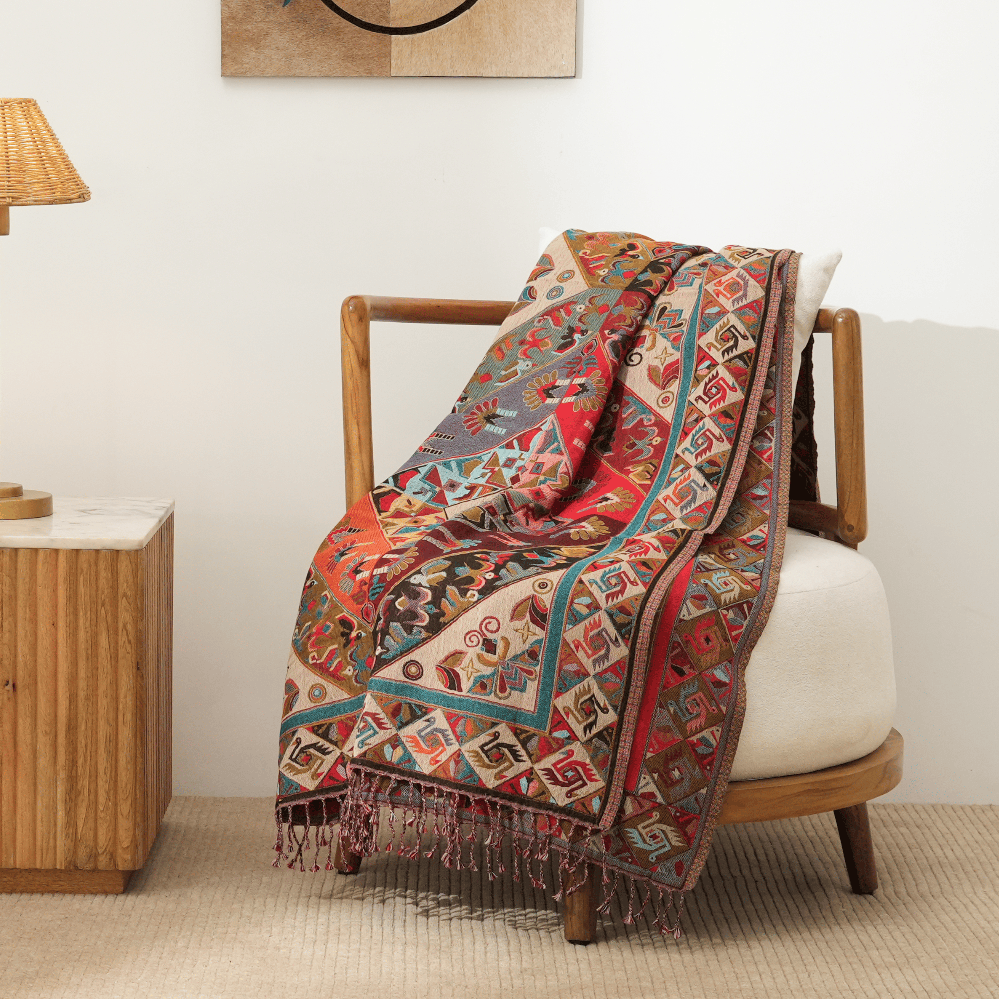 Tribal Pattern Throw Blanket | Cotton Wool Sofa Throw with Geometric & Folk Art Design for Living Room & Bedroom Decor