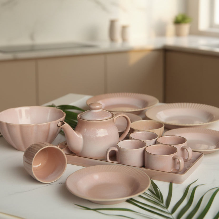 Ceramic Teapot Set with Tray & Cups | Pink Tea Set for Serving (Microwave & Dishwasher Safe)