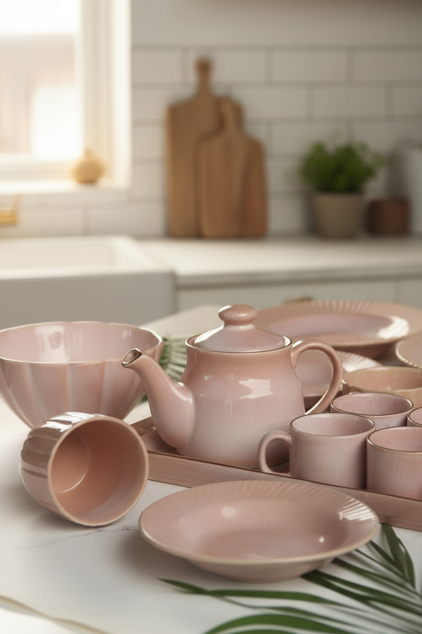 Ceramic Teapot Set with Tray & Cups | Pink Tea Set for Serving (Microwave & Dishwasher Safe)