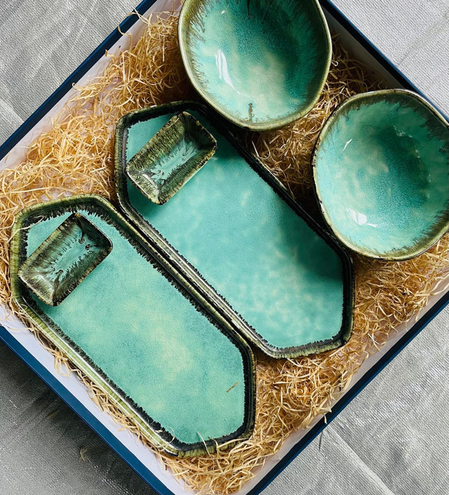 Sea Green Serving Platters with Chip Dips for Gifts | Snack Bowls & Platters Gift Box for Diwali