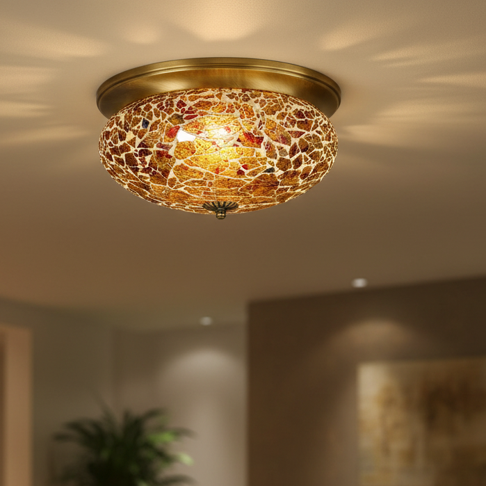 Fiery Mosaic Glass and Brass Flush Mount Ceiling Lamp