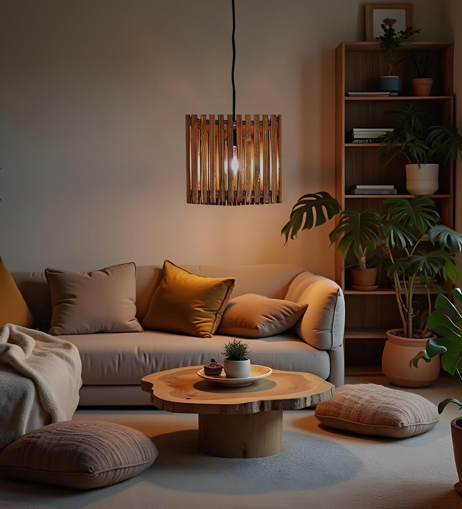 Trikona Brown Wooden Single Hanging Lamp