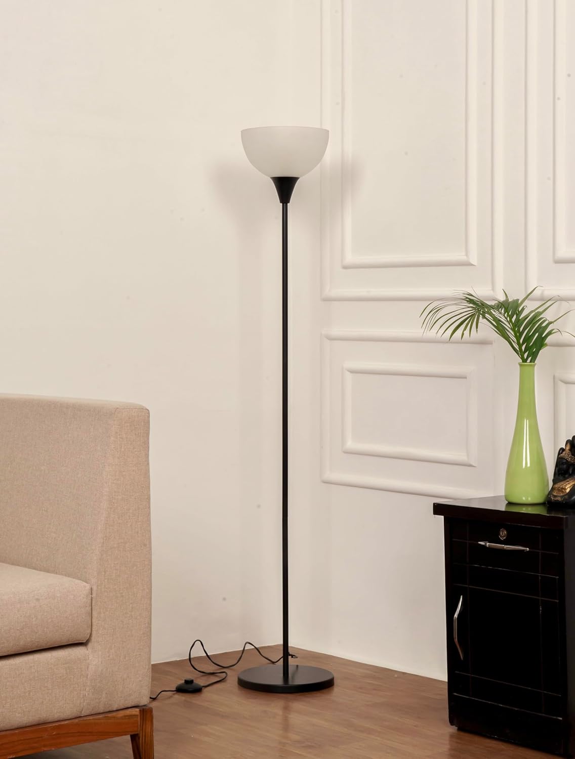 Uplighter Black Polished Floor Lamp for Living Room with Frosted Glass Lampshade