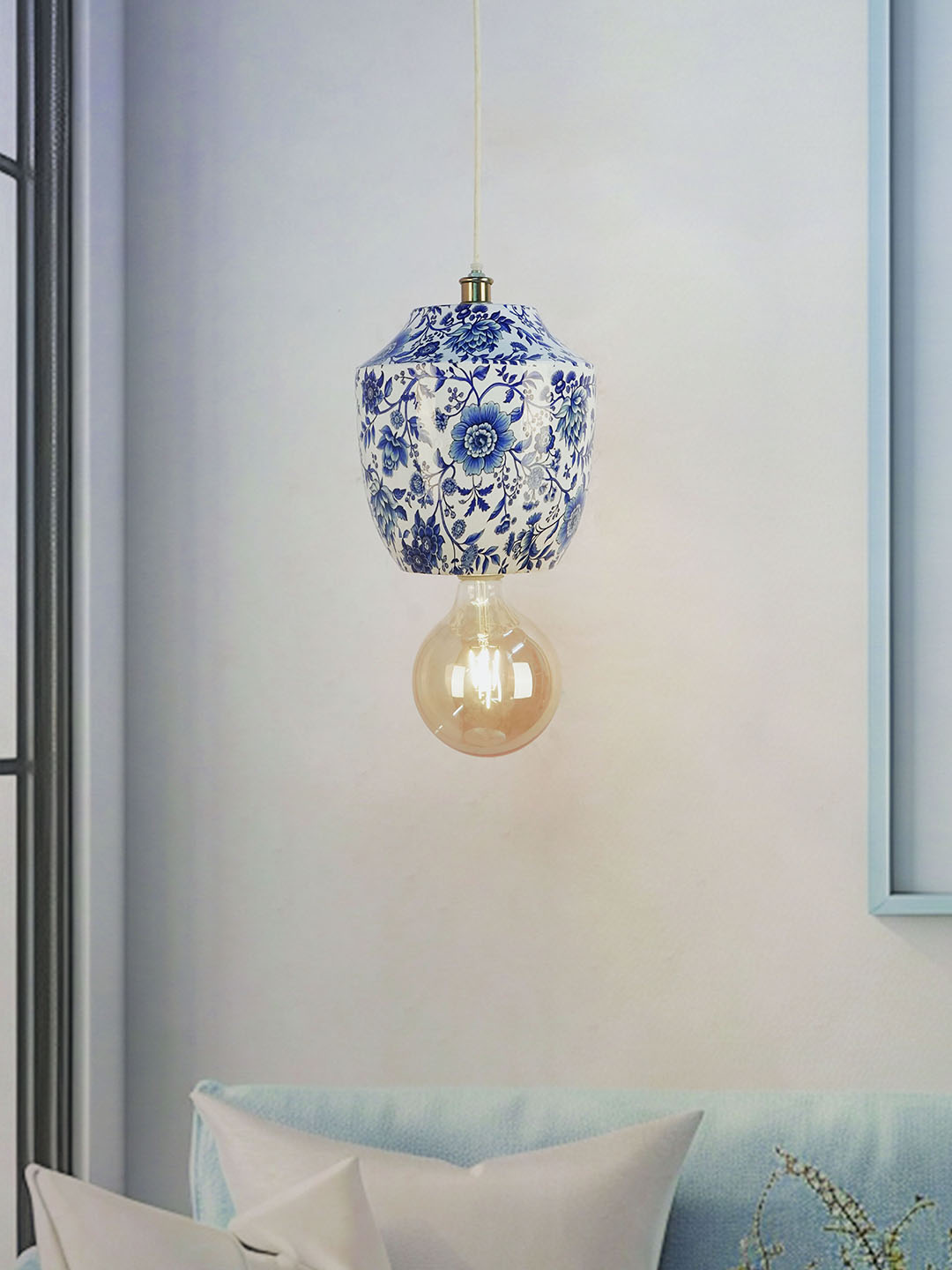 Chinoiserie Pendant Light, Blue White
  Floral Print, Metal Jar Shaped, Traditional Hanging Lamp,