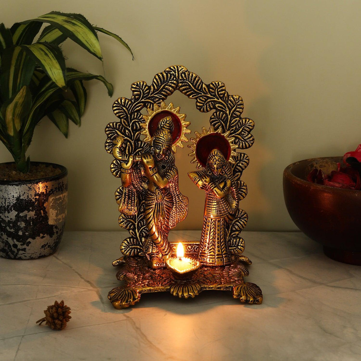 Radha Krishna Oxidised Diya Stand - Luv Flower & Cake Radha Krishna Oxidised Diya Stand - Luv Flower & Cake