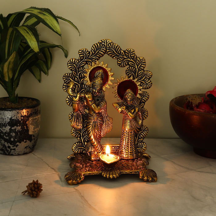 Radha Krishna Ji Metal Showpiece With Diya