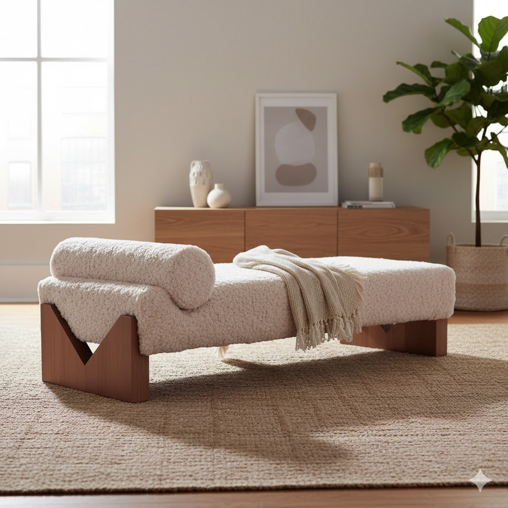 Arqora Solid Teak Wood & Fabric Upholstery Bench