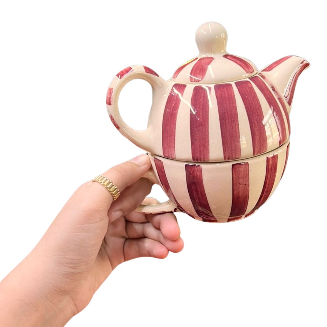 Handmade Ceramic Striped Tea Pot and Cup Set | Stoneware for Tea Lovers